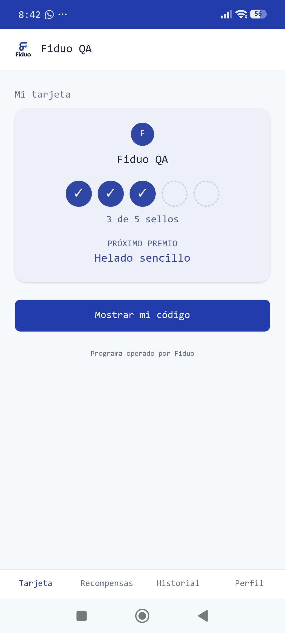Vista de la app Fiduo con la tarjeta de lealtad de un cliente