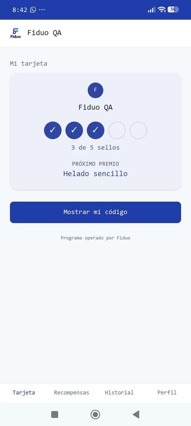 Vista de la app Fiduo con la tarjeta de lealtad de un cliente